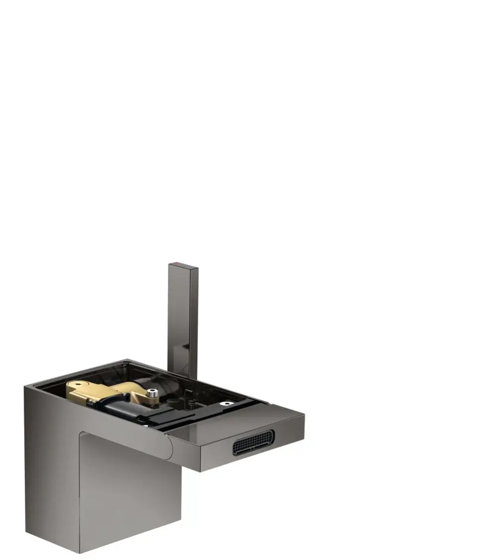 Ein AXOR Bidetmischer in Polished Black Chrome mit einer kompakten Bauform und einem Push-Open Ablaufmechanismus, ohne sichtbare Platte.